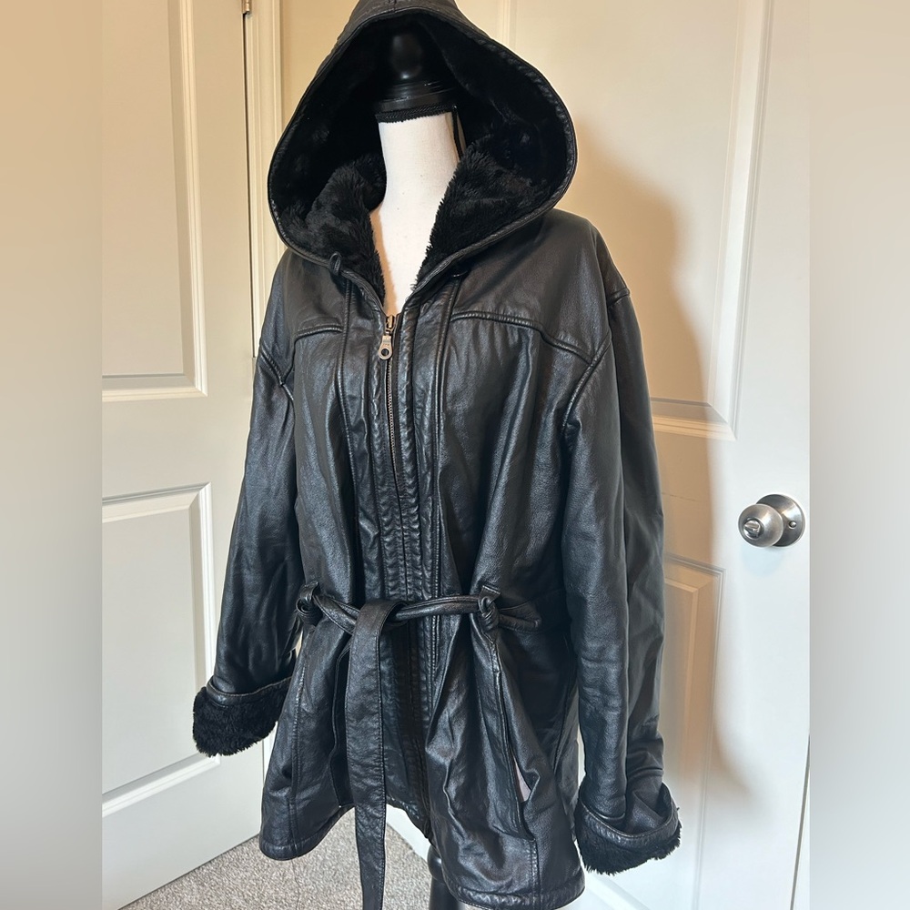 Wilsons Leather Black Hooded Jacket with Belt
